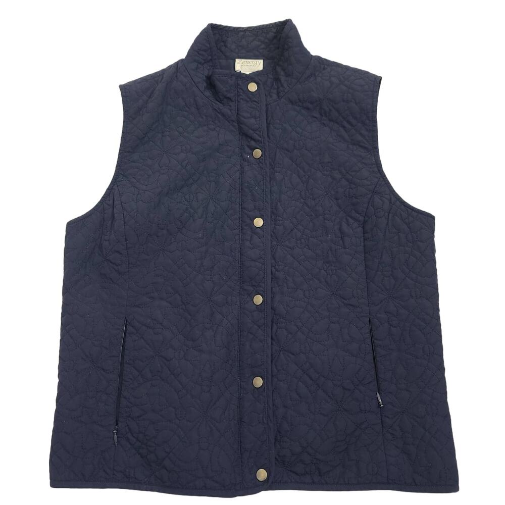 ChicosQuilted Vest Navy Blue Lightweight Zenergy Sleeveless Sz 1 Medium Zip Snap